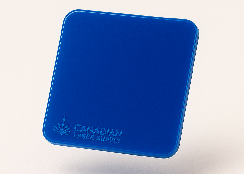 Blue square object with 'Canadian Laser Supply' logo on a light gray background