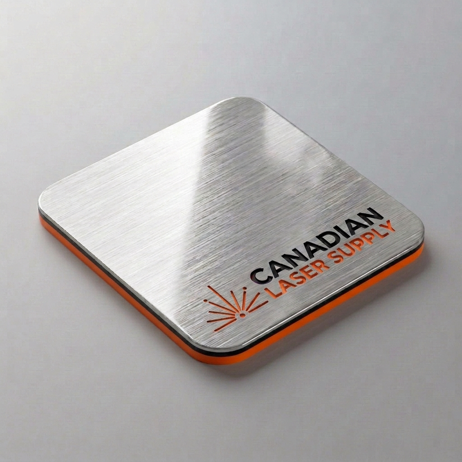 Rowmark® Brushed Silver on Black on Orange 3-Ply Acrylic - 1/16" (1.5mm) Thick - Special Order
