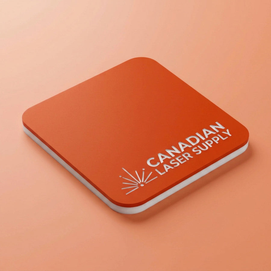 Rowmark®  Tangerine on White 2-Ply Acrylic - 1/16" (1.5mm) Thick - Special Order